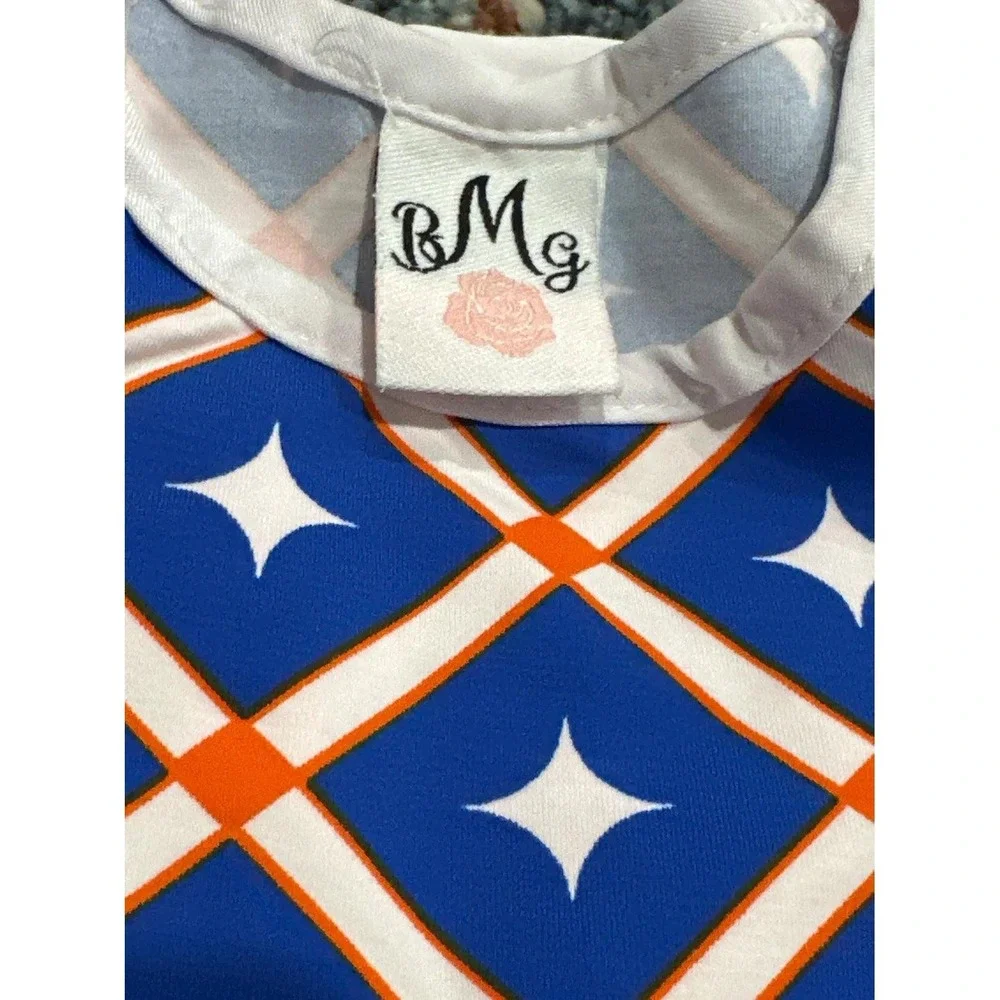 Mia Belle Swimsuit Girls 4T/5Y Blue Orange Geometric Rash Guard Skirt Set EUC‎